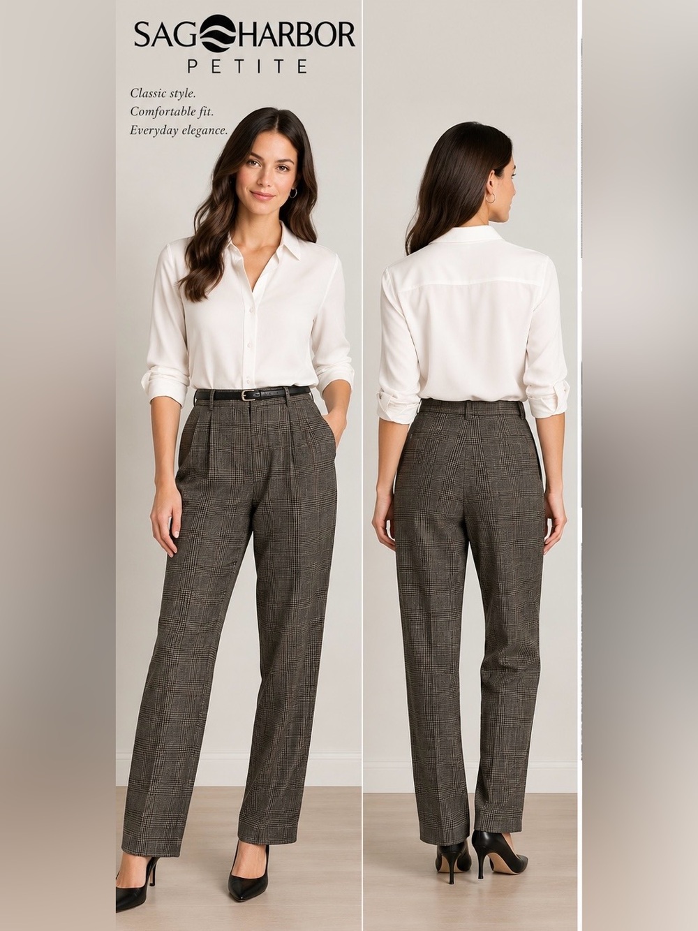 Sag Harbor Petite Plaid Dress Pants Size 12P Brown Gray Pleated Career Vintage